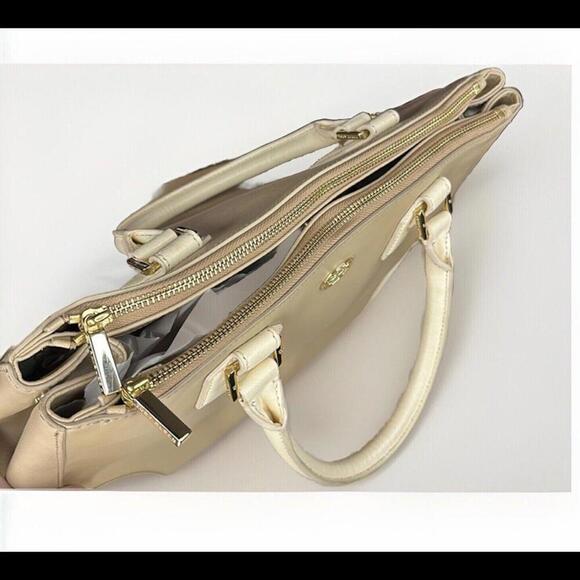 Tory Burch Robinson Tote Saffiano Leather Two Tone Beige Ivory Purse Crossbody - Picture 10 of 16